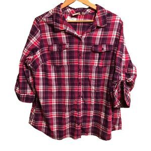 St. Johns Bay Pink and Purple Plaid Button Up Top Womans Size 2X